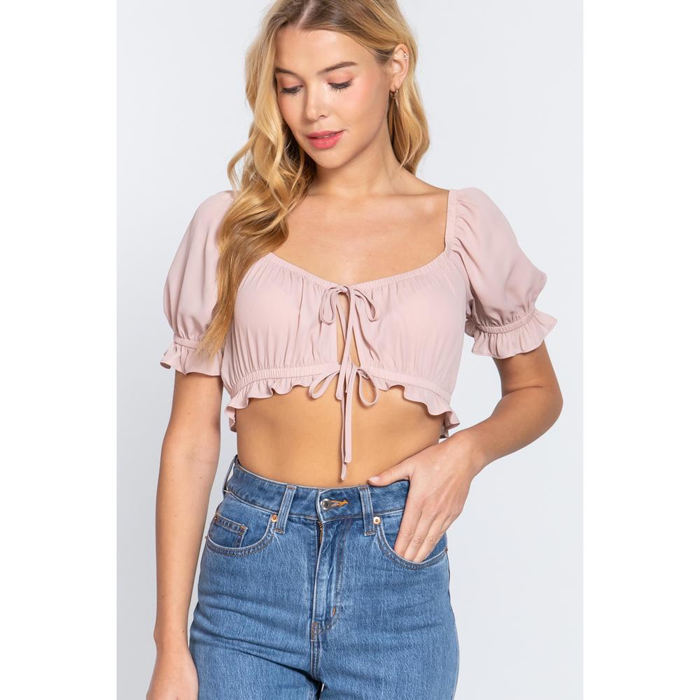 Short Slv Print Crop Woven Top - Picture 1 of 7